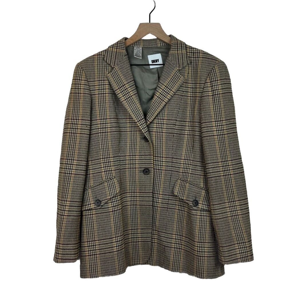 DNKY Brown Plaid women's Sz 14 Jacket Blazer pockets 2 buttons Houndstooth